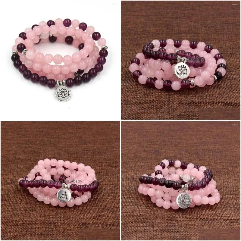 charm bracelets 108bead pink purple bracelet lotus buddha pendant fashion buddhism yoga jewelry for men and woman