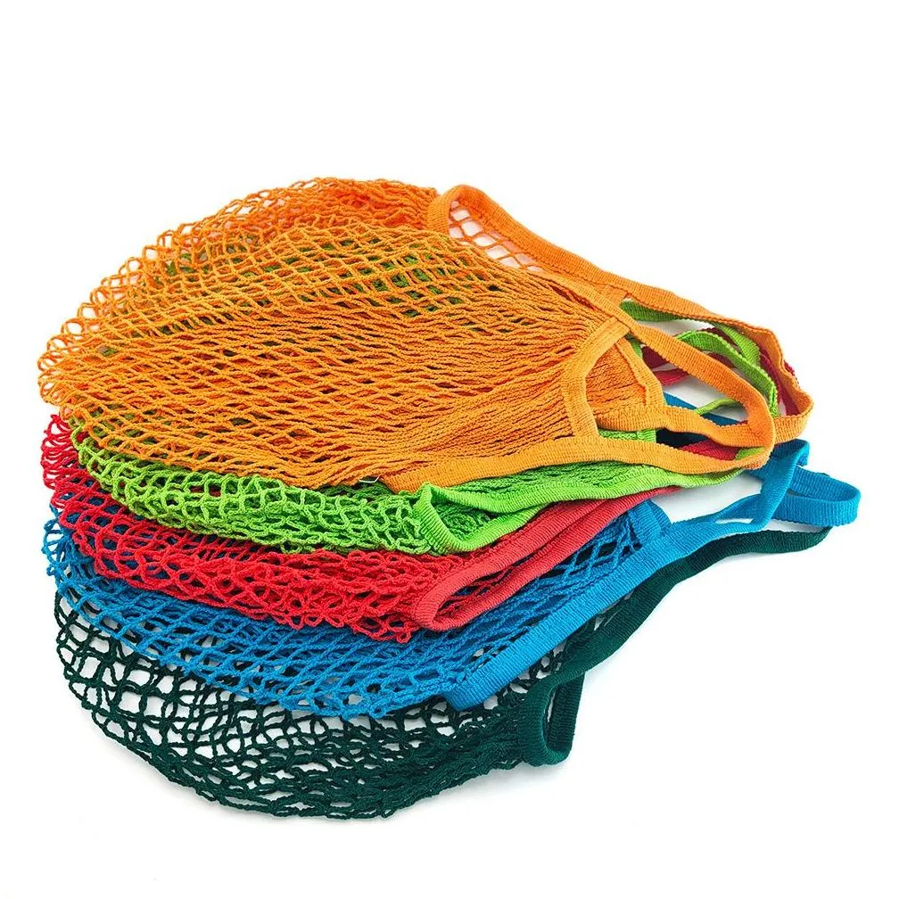 Storage Bags 20 Colors Reusable Grocery Mesh Bag Portable Shop Long/Short Handle Handbag Net Cotton String Organizer Tote Pouch For Dhkhp
