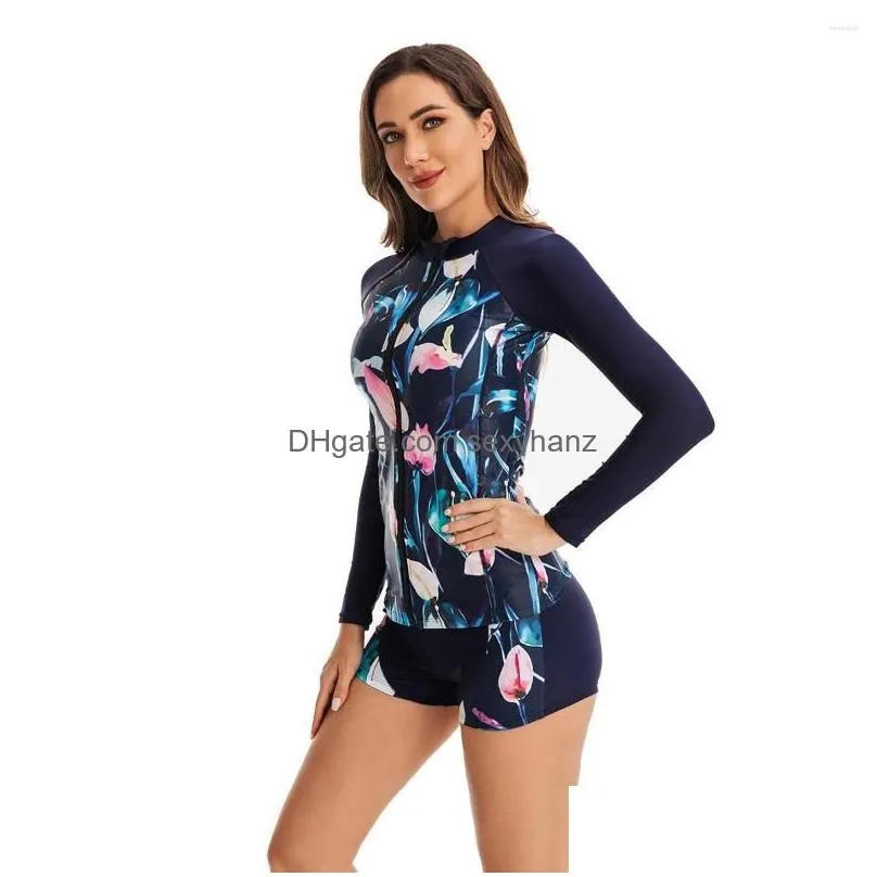 womens swimwear women two pieces long sleeve rash guard sun uv protection zip front swimsuit shirt shorts printed surfing tops with