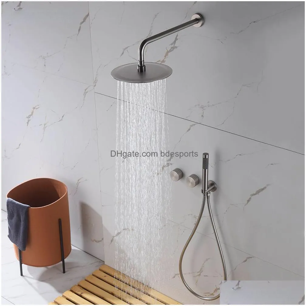 Bathroom Shower Sets Bathroom Shower Set System Brushed Nickel Mixer Tap Faucets And Cold Brass Diverter 8-12 Rainfall Head With Handh Dhehr