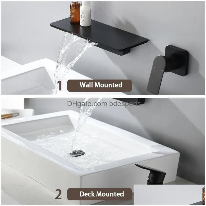 Bathroom Sink Faucets Wall Mounted Basin Faucet Matt Black Brass Bathroom Waterfall Mixer Water Tap Cold And Taps Drop Delivery Home G Dhoqh