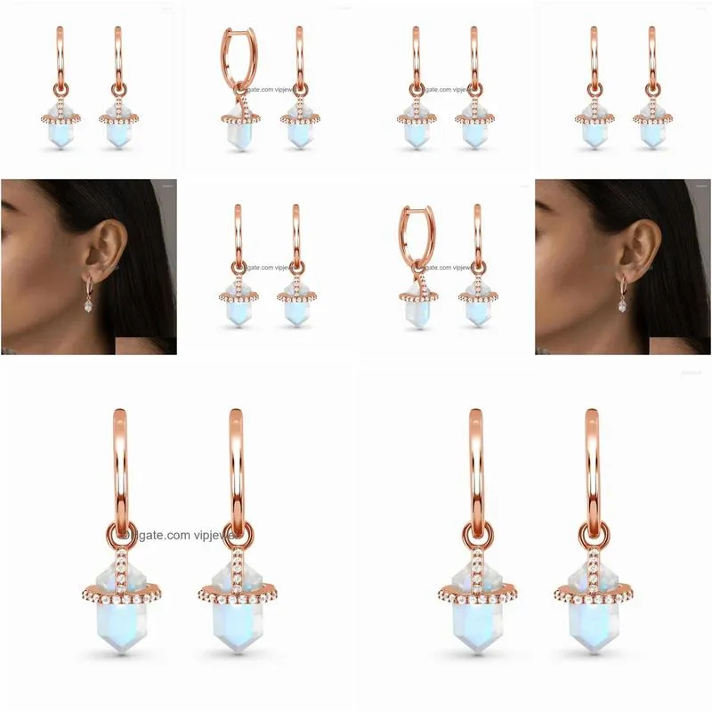 dangle earrings six-sided diamond moonstone rose gold long womens design sense fashion