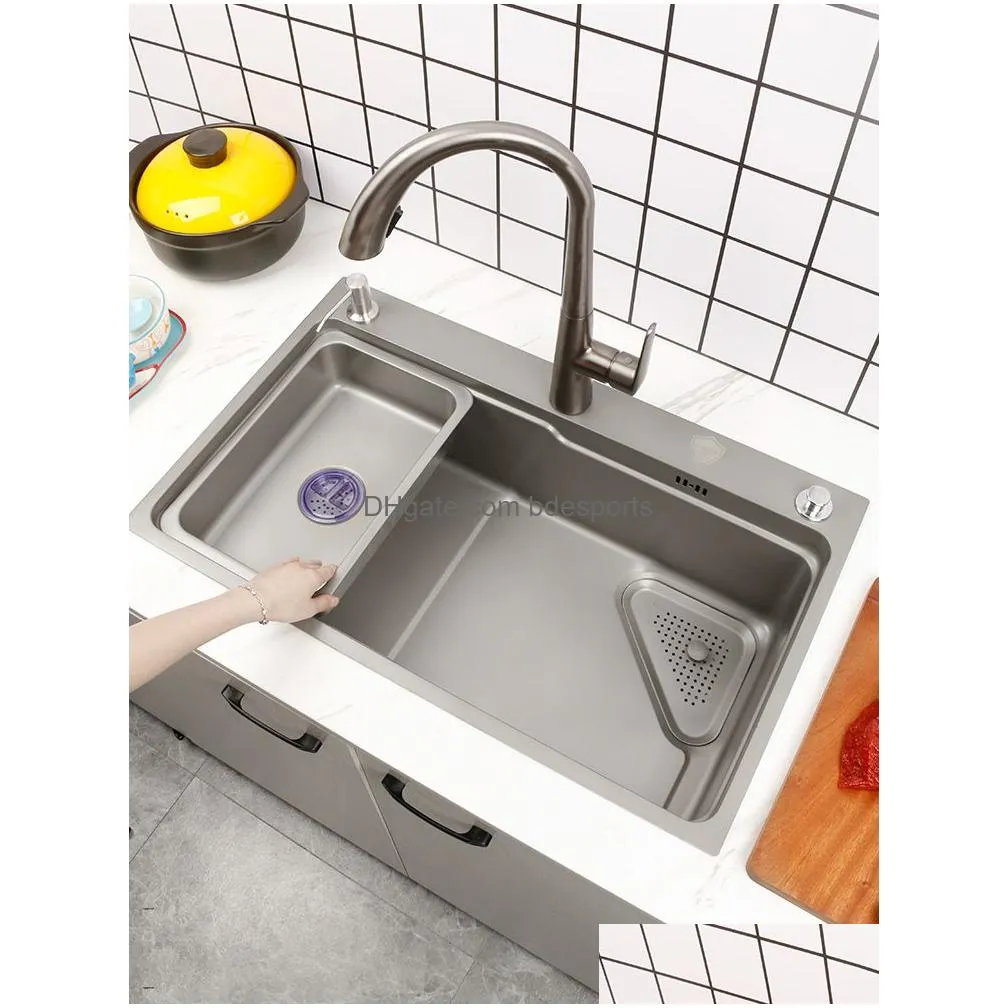 Kitchen Sinks Nano Kitchen Sink 304 Stainless Steel Washbasin Household On The Right Side Drainage Large Single Slot Gray Fregadero De Dhj2J