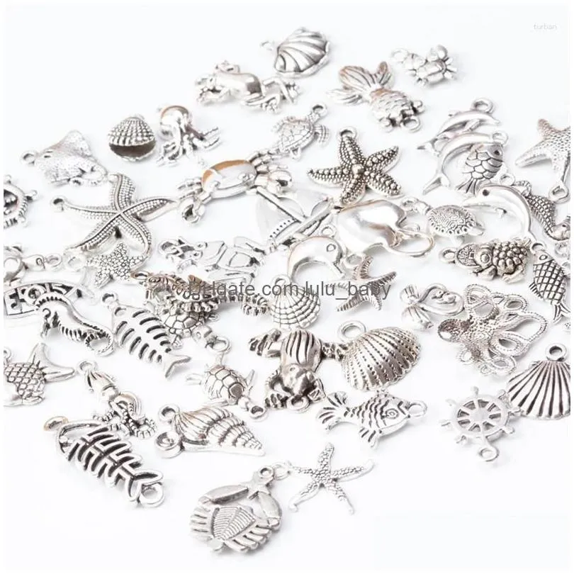 charms 50pcs/lot mixed styles tibetan silver color zinc alloy random sea fish pendant diy handmade craft for jewelry making
