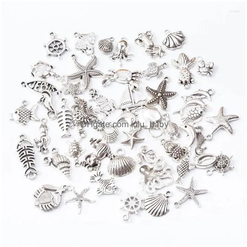 charms 50pcs/lot mixed styles tibetan silver color zinc alloy random sea fish pendant diy handmade craft for jewelry making