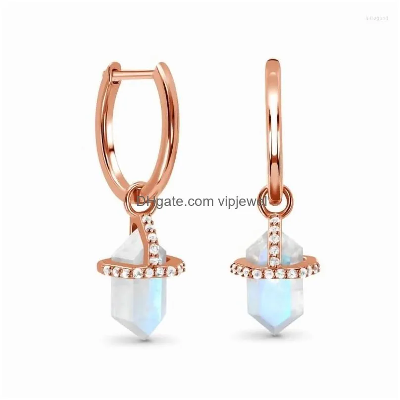 dangle earrings six-sided diamond moonstone rose gold long womens design sense fashion