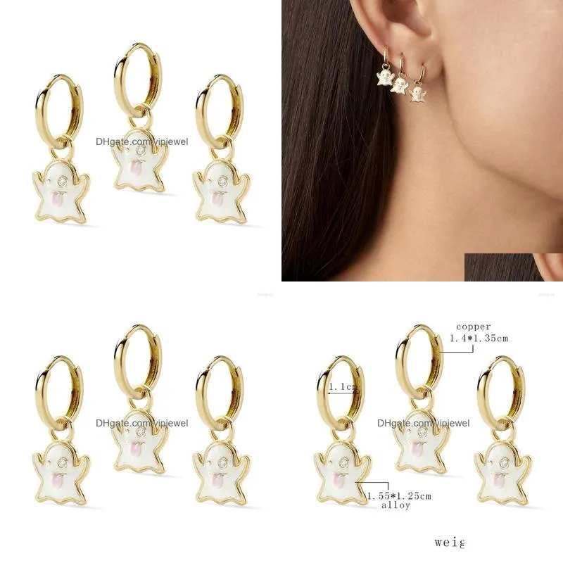 dangle earrings 2023 halloween white enamel ghost hook for women brass bling rhinestones specter mini festival jewelry