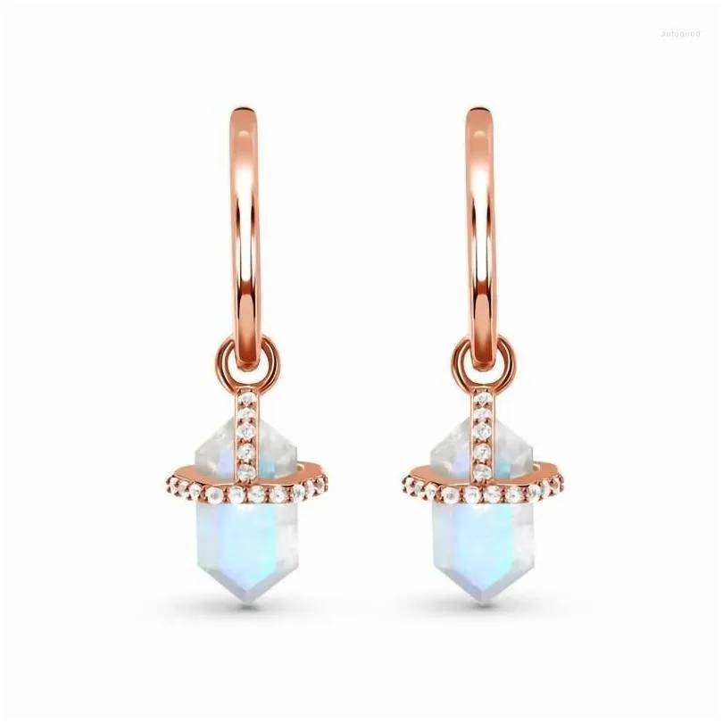 dangle earrings six-sided diamond moonstone rose gold long womens design sense fashion