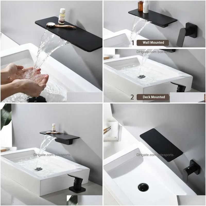 Bathroom Sink Faucets Wall Mounted Basin Faucet Matt Black Brass Bathroom Waterfall Mixer Water Tap Cold And Taps Drop Delivery Home G Dhoqh