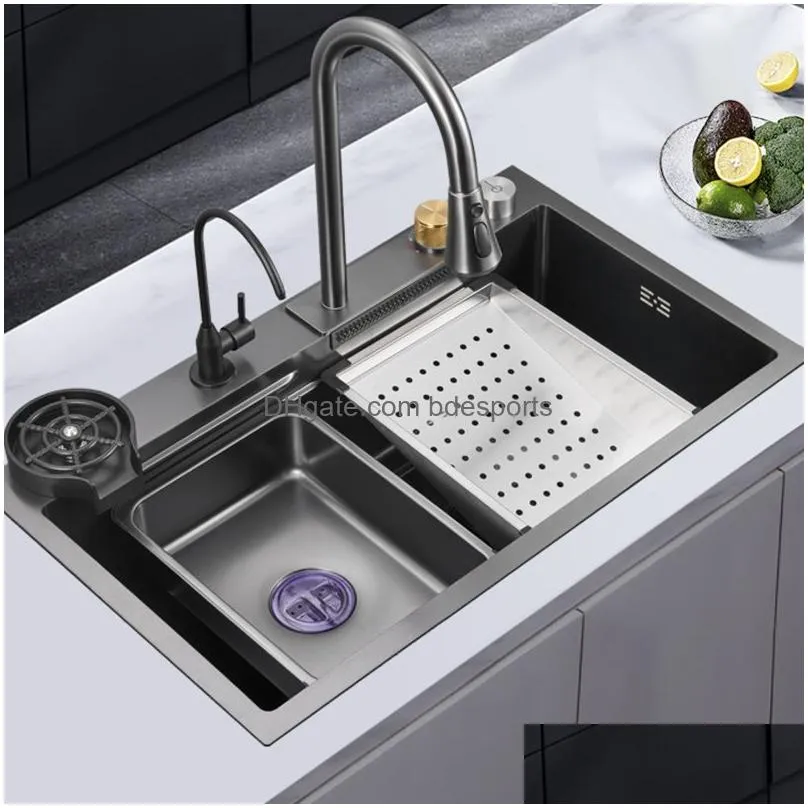 Kitchen Sinks Single Slot Nano Black/Gray 304 Stainless Steel Kitchen Sink Bowl Wash Basin With Cutting Board Drain Accessorie Drop De Dhpgs