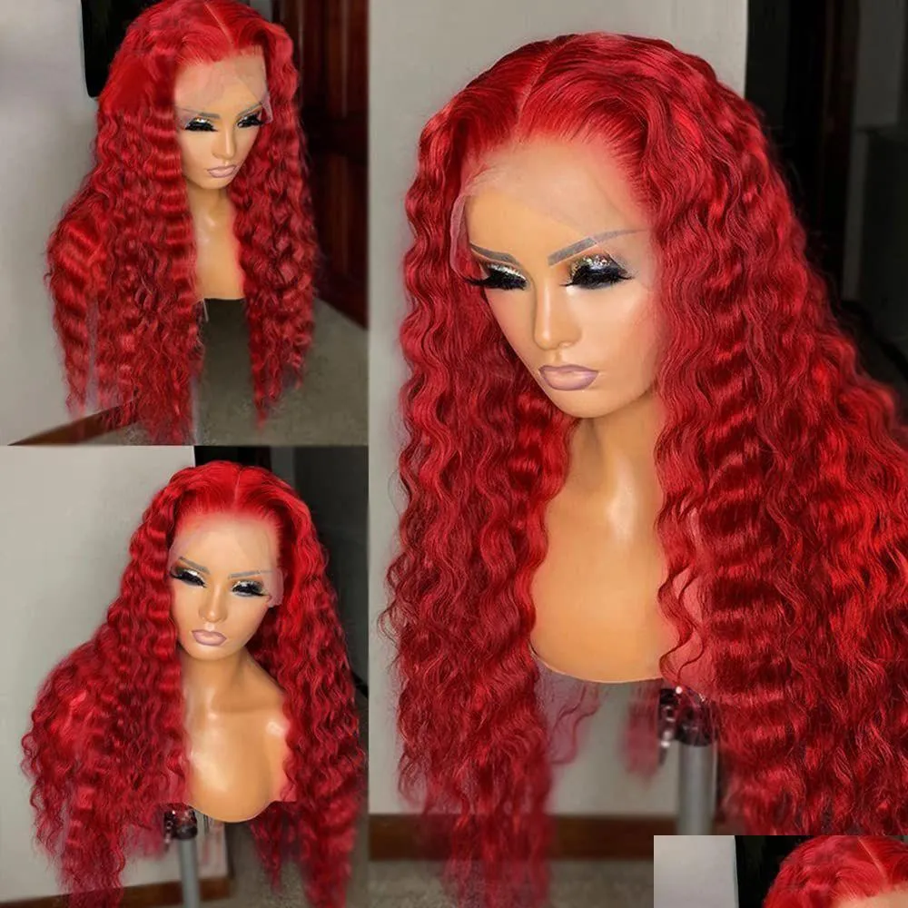  red lace frontal wig curly human hair wigs deep wave 13x4 transparent lace front wig synthetic for black women pre plucked