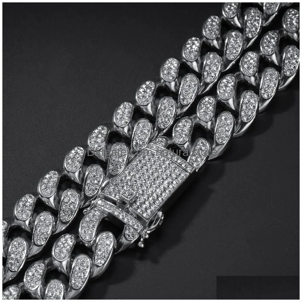 Chains 20Mm  Cuban Link Chain Heavy Thick Necklace For Mens Bling Hip Hop Iced Out Gold Sier Rapper Chains Women Hiphop Jewelry D Dhsh1