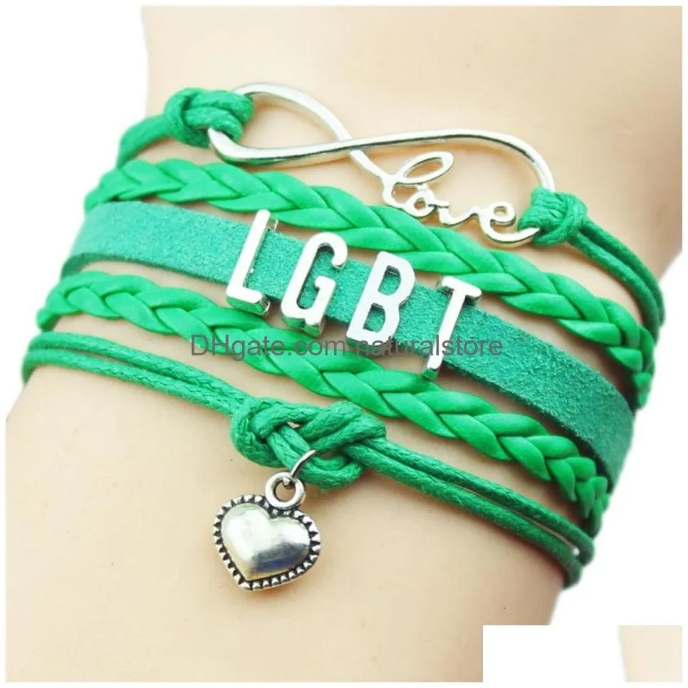 Charm Bracelets Fashion Lgbt Gay Lesbian Leather Wrap Bracelets Braided Rope Infinity Love Heart Charm Bangle For Women Men Friendshi Dh7L4