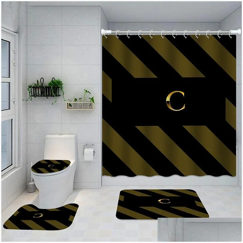 Shower Curtains Fashion Striped Printed Bath Mats Home Bathroom Waterproof Shower Curtains Toilet Er Four Piece Set Drop Delivery Home Dh6Ve