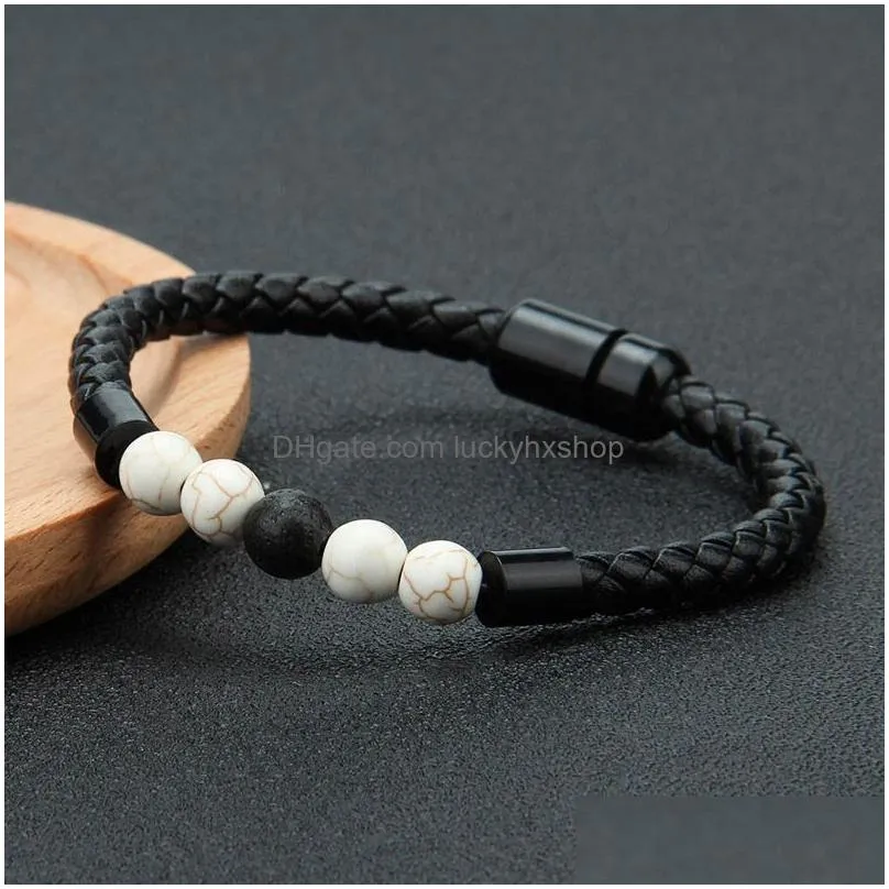 Charm Bracelets Mens Genuine Leather Lava Rock Bead Brackets For Women Natural Turquoise  Oil Diffuser Stone Magnetic Buckle Dhkc0