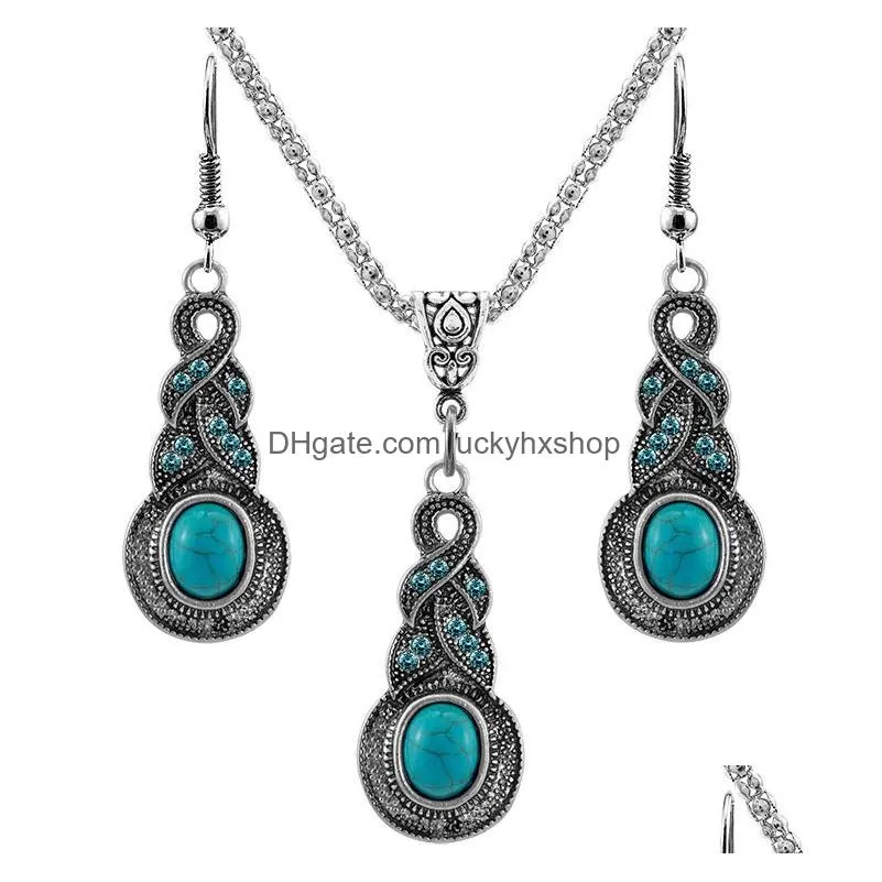 Earrings & Necklace Vintage Turquoise Pendant Necklace Dangle Drop Earrings Set For Women Retro Natural Stone Fashion Jewelry In Bk D Dhmch