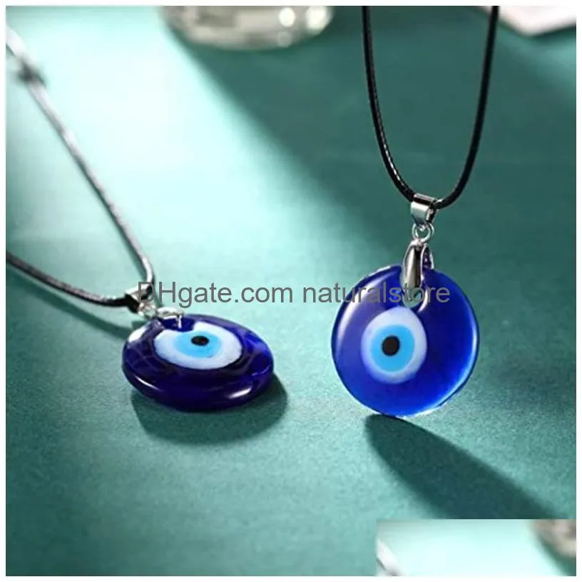 Pendant Necklaces Blue Evil Eye Pendant Necklace For Women Black Wax Cord Chain Men Choker Jewelry Lucky Amet Female Party Gift Drop D Dhgs0