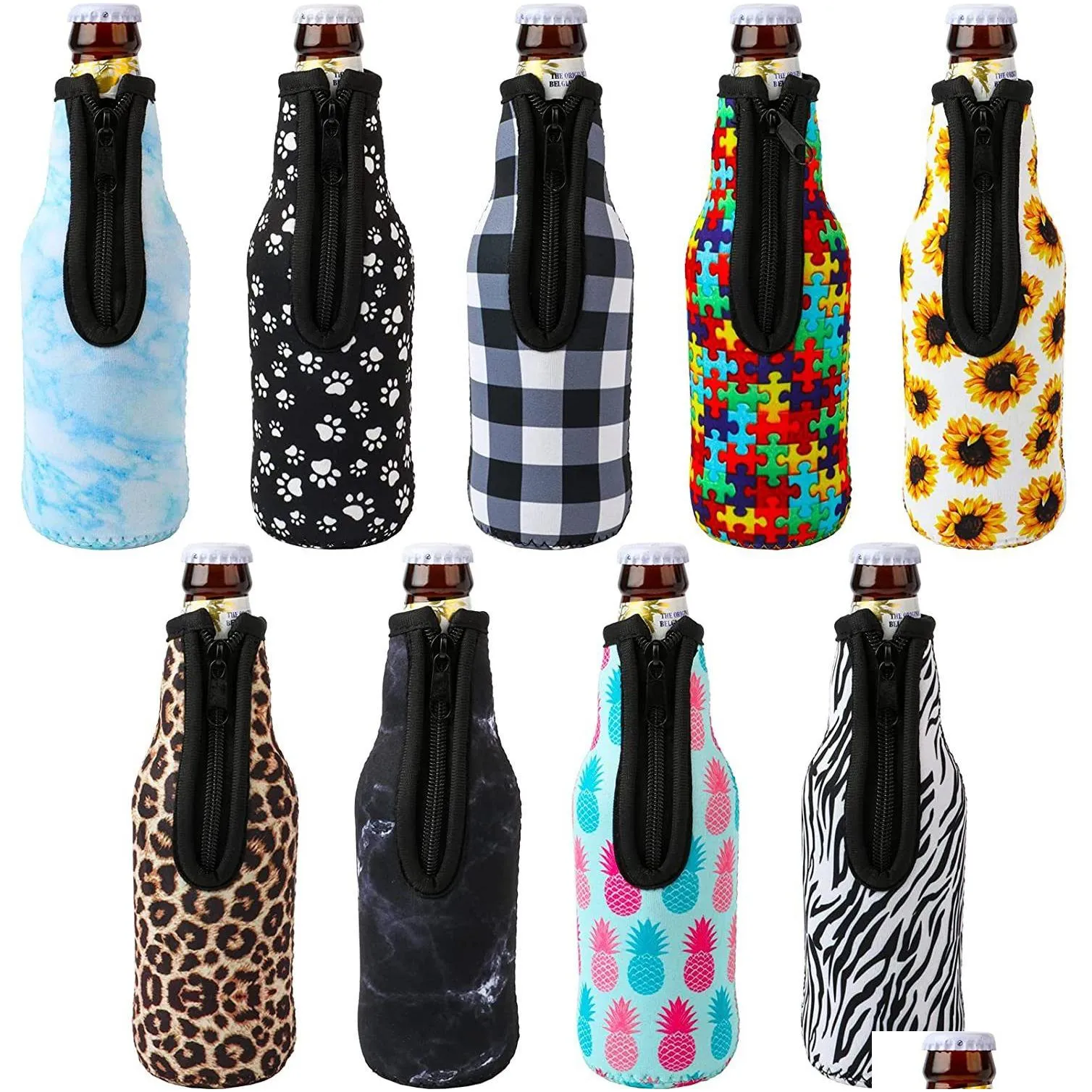 330ml 12oz drinkware handle neoprene beer bottle coolers sleeve with zipper bottles koozies softball sunflower leopard pattern