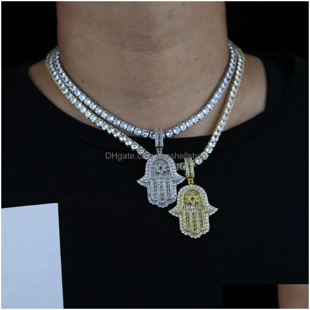 Wedding Jewelry Sets Iced Out 5A Cz Hamsa Handfl Cubic Zirconia Pendant Necklaces For Men Hiphop Bling 5Mm Tennis Chain Rapper Drop D Dhvqx