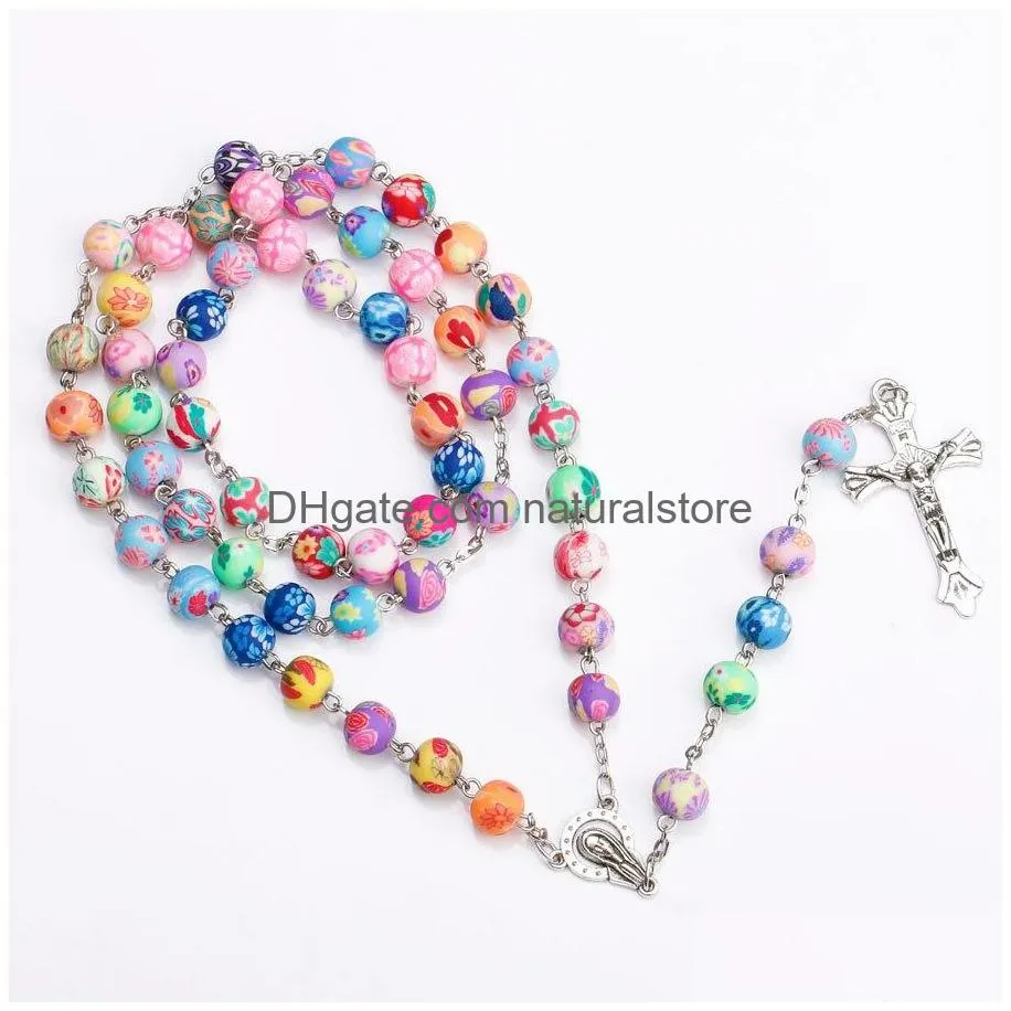 Pendant Necklaces New Relin Cross Pendant Rosary Necklaces For Women Colorf Soft Y Beads Long Chain Virgin Mary Jewelry Drop Delivery Dhego