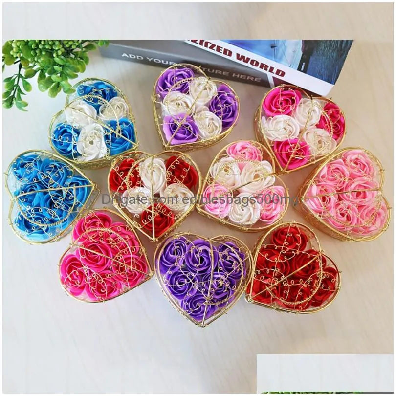 6pcs/set soap rose flower with iron basket valentine mother day artificial roses wedding birthday gift soap roses flower flor de rosa de jabon