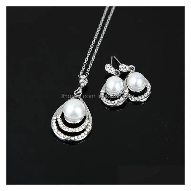 Earrings & Necklace Fashion Pearl Jewelry Set Women Wedding Crystal Drip Shape Pendant Sier Necklaces Dangle Earrings For Ladies Brid Dhed6