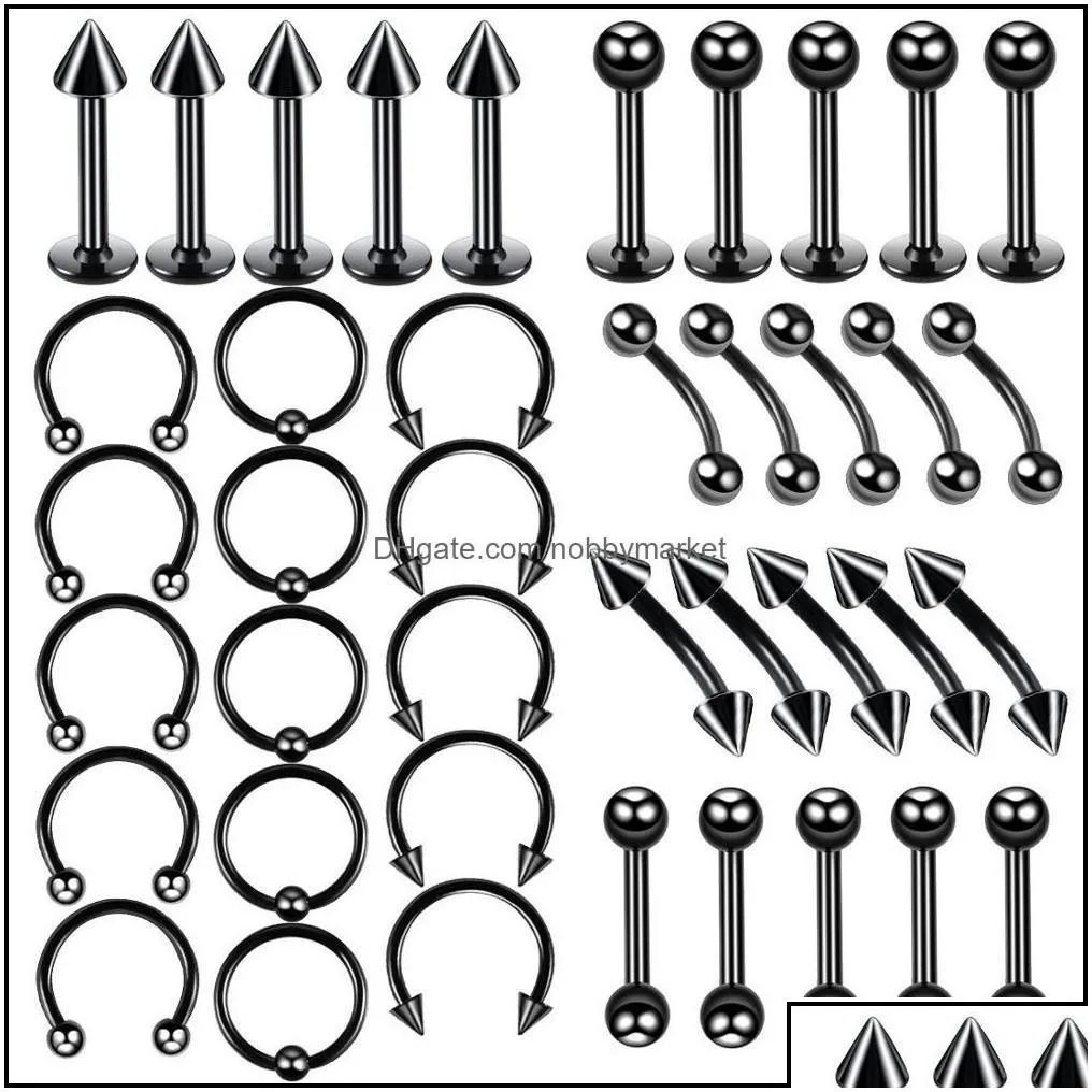 eyebrow jewelry body 40pcs surgical steel bk nose tongue bar labret piercing set horseshoe ring lot pack drop delivery 2021 eb40u