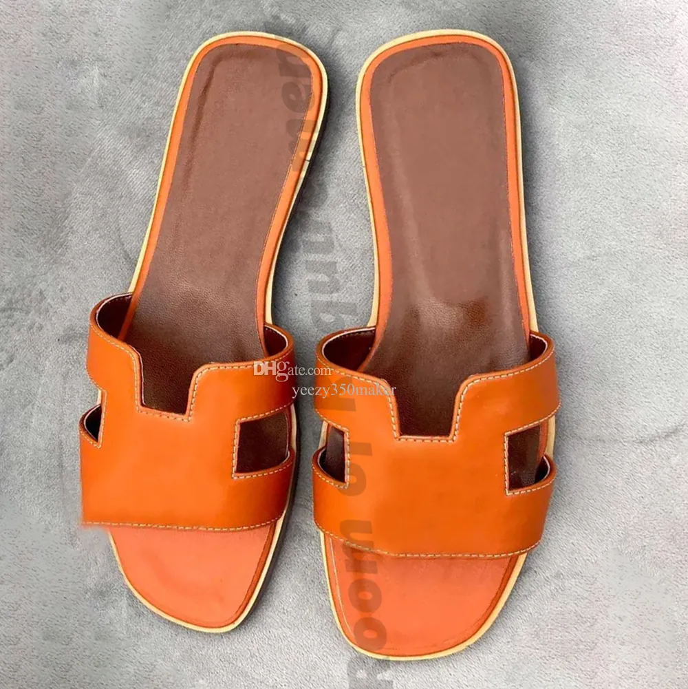 2024 Designer Orange oran slippers Leather Luxury sandals Slides letters Paris French Ladies Beach Flat non-slip plush women shoe Black red blue white pink with box