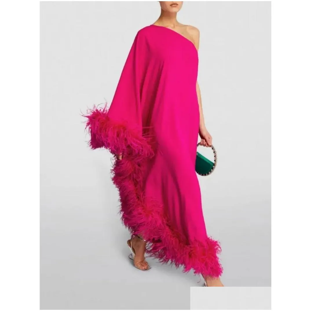 Basic & Casual Dresses Casual Dresses Wepbel Feather Loose Evening Dress Women One-Shoder Long Sleeve Large Swing Solid Color Fashion Dhw7P