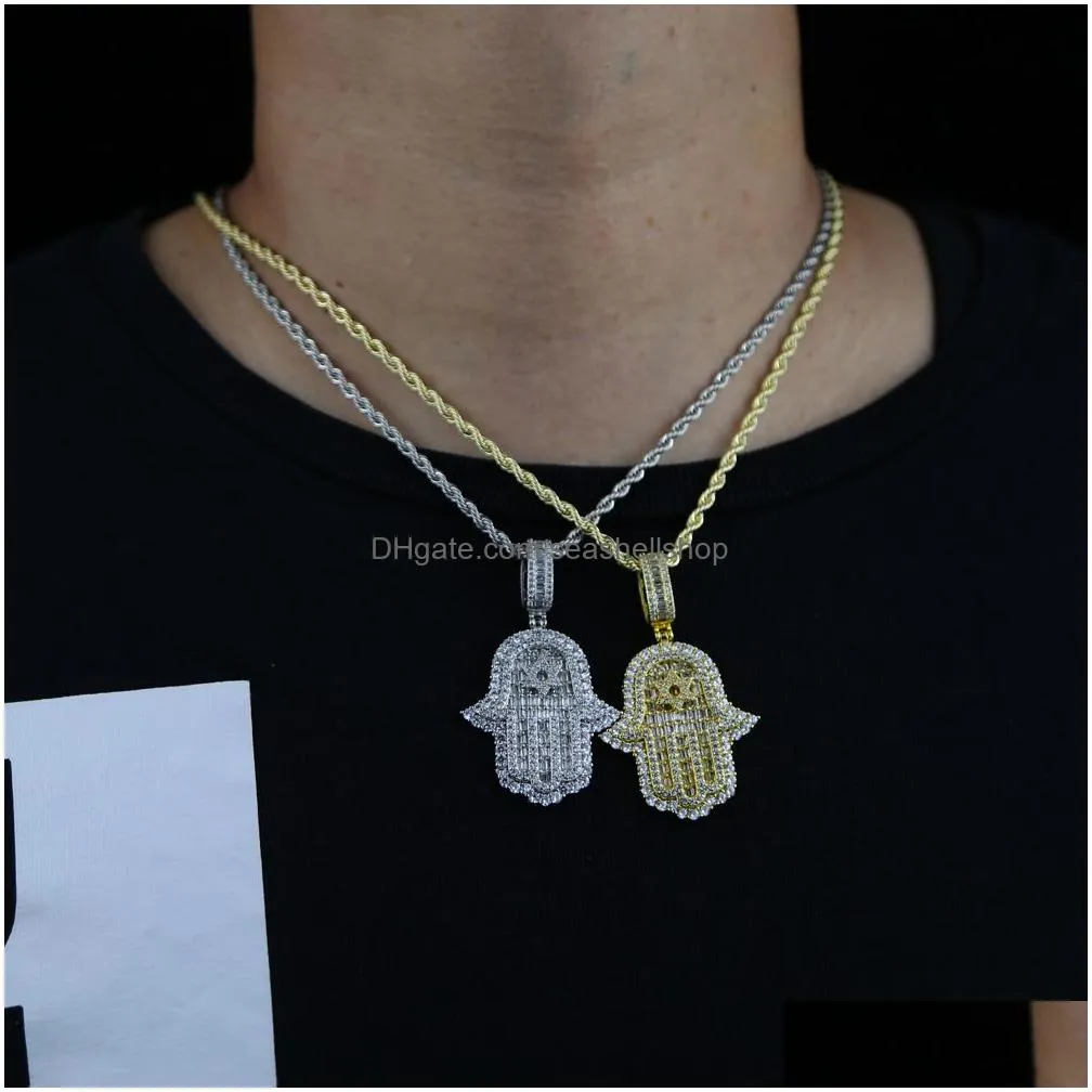 Wedding Jewelry Sets Iced Out 5A Cz Hamsa Handfl Cubic Zirconia Pendant Necklaces For Men Hiphop Bling 5Mm Tennis Chain Rapper Drop D Dhvqx