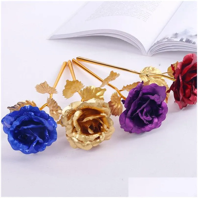 Decorative Flowers & Wreaths 24K Foil Plated Gold Rose Flowers Glaxy Box Wedding Decor Valentines Day Creative Gift Golden Rainbow Dro Dhqfc