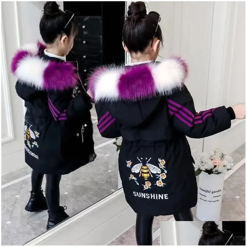  brand hooded winter jacket for girls clothing cartoon bee parka for teenagers girl thick long faux fur coat kids clothes -30