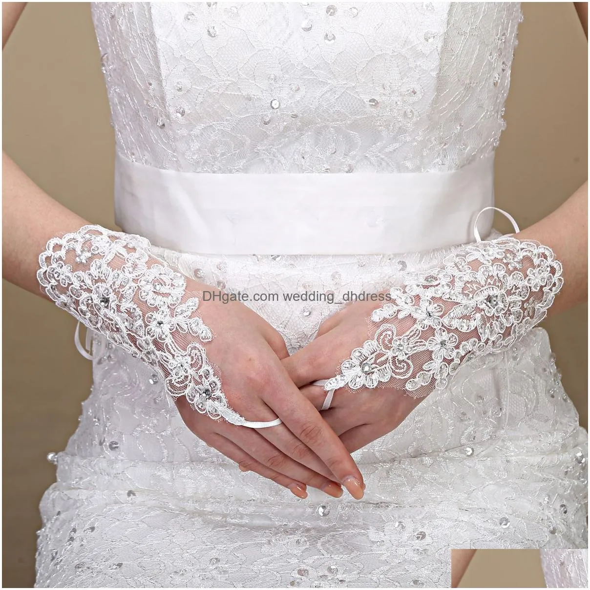  lace appliques beads fingerless wrist length with ribbon bridal gloves wedding accessories