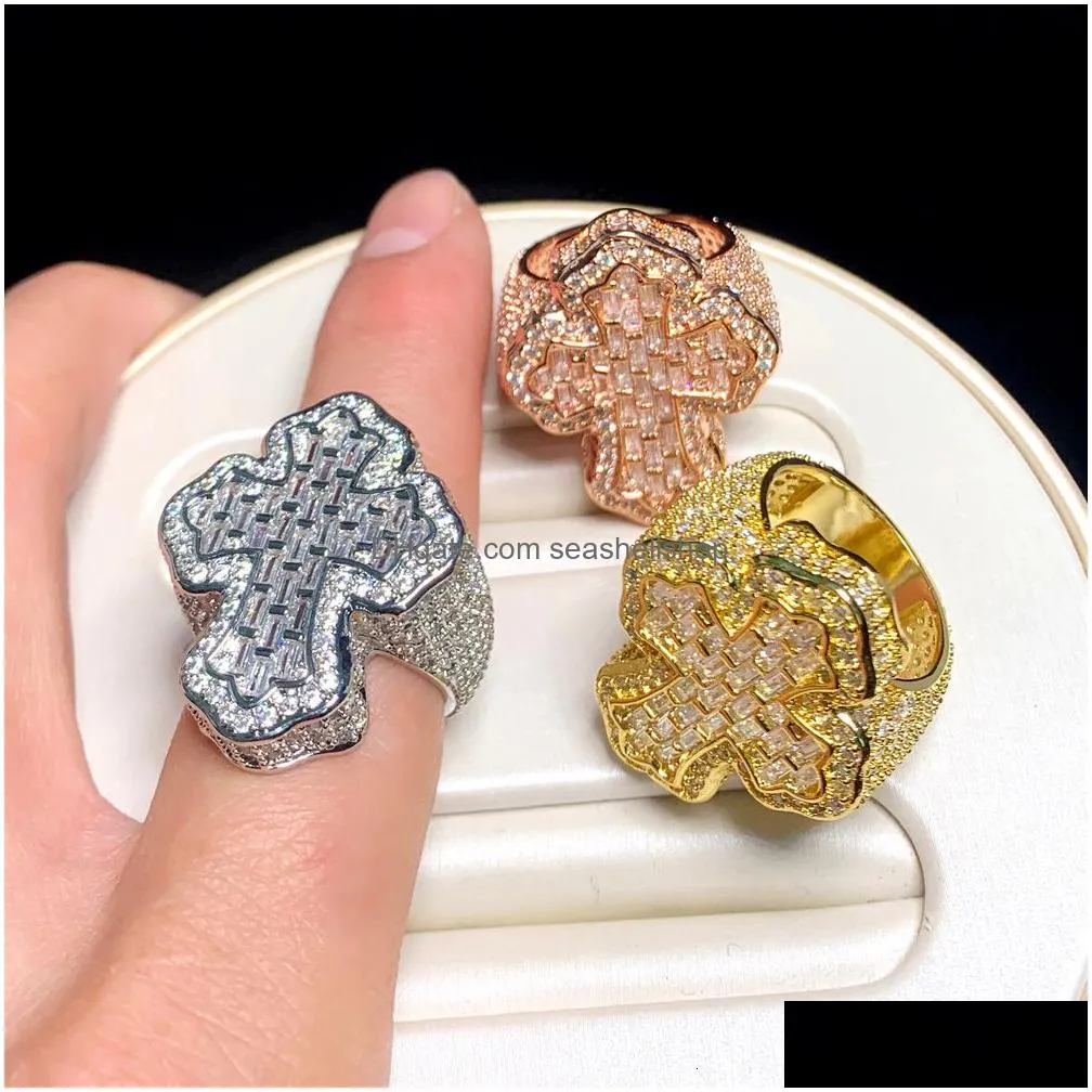 Cluster Rings Arrived Fashion Hip Hop Iced Out Bling Fl Cz Cubic Zirconia Rock Punk Cross Shape Charm Finger For Men Boy Jewelry Drop Dhxot