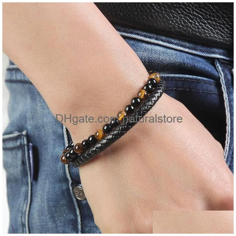 Beaded Mens Natural Stone Mti Layered Leather Bracelets For Women Tiger Eye Lava Rock Beads Chains Bangle Fashion Magnetic Buckle Jew Dhqon