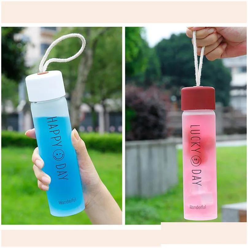 Water Bottles 12Oz Frosted Glass Water Bottles Tea Juice Coffee Container Contracted Portable Cute Rope Sealing Lid Cup Tumbler Studen Dhhx3