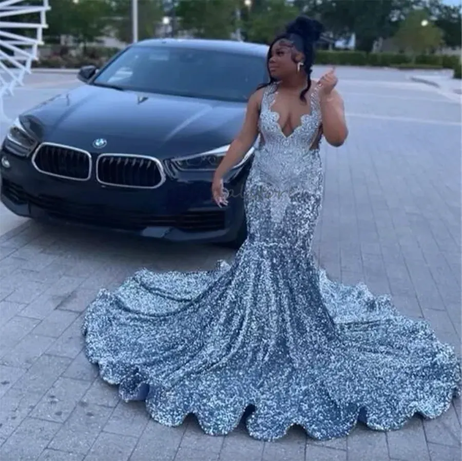 Silver Plus Size Prom Dress For Black Girls Diamond Beaded Sequin Mermaid Evening Dress Sleeveless Formal Birthday Party Gowns Robes Mariage Vestidos De Gala 2024