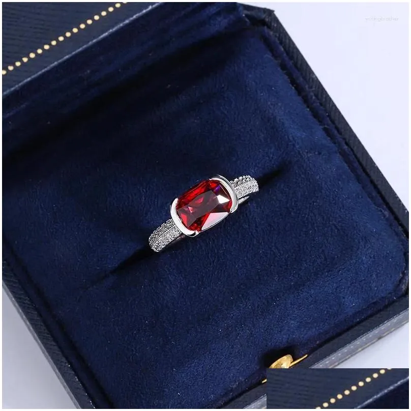 Cluster Rings 2023 Fashion Princess Cut Oval Ruby Fl Diamond Couple Ring For Women Zircon Anniversary Gift Party Jewelry Sier Drop De Dh8Af
