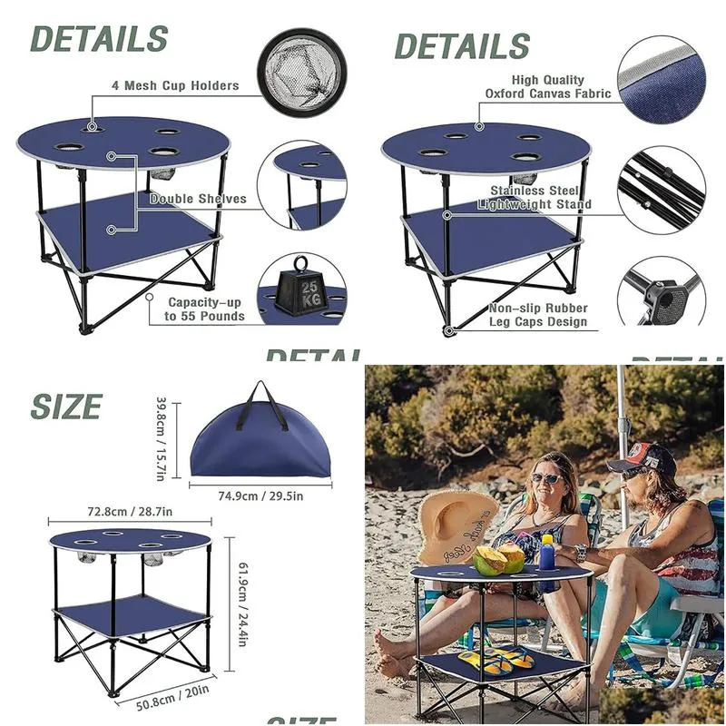 Camp Furniture Portable Picnic Table With Shelf Beach Outdoor Folding Cam Tables That Fold Up Lightweight Cup Holders Storage Bag Drop Dhs8E