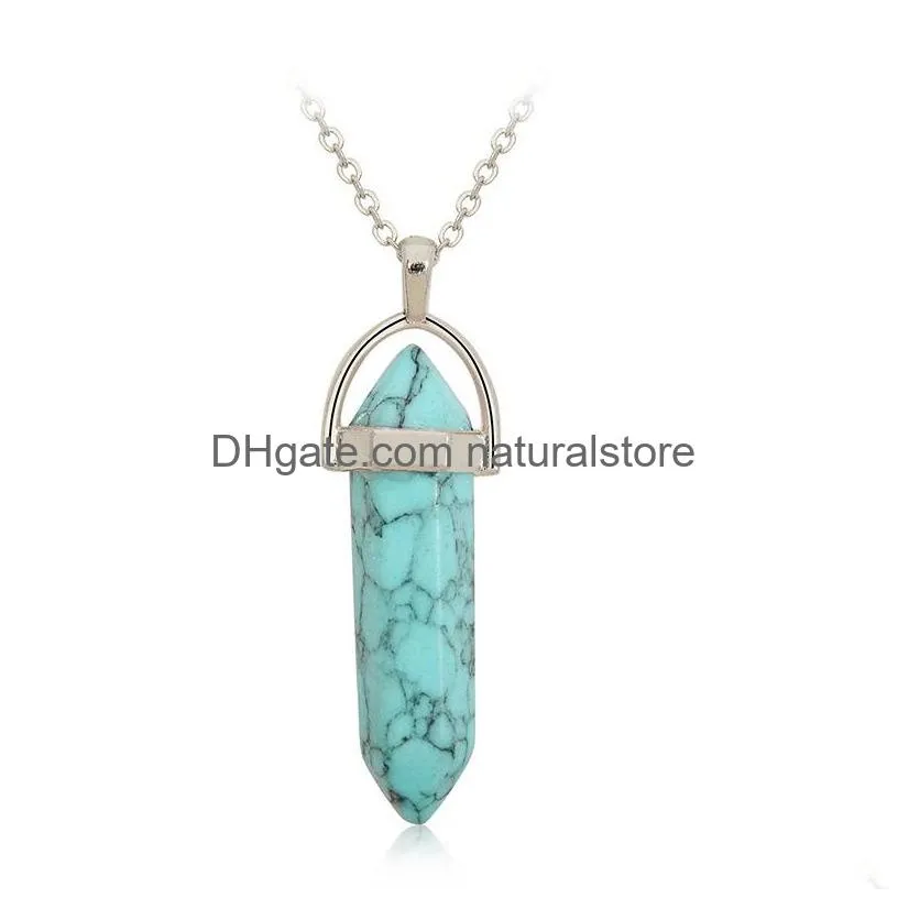 Pendant Necklaces Luxury Natural Stone Crystal Quartz Healing Necklaces Hexagonal Prism Point Agate Turquoise Opal Jasper Pendant For Dhs9E