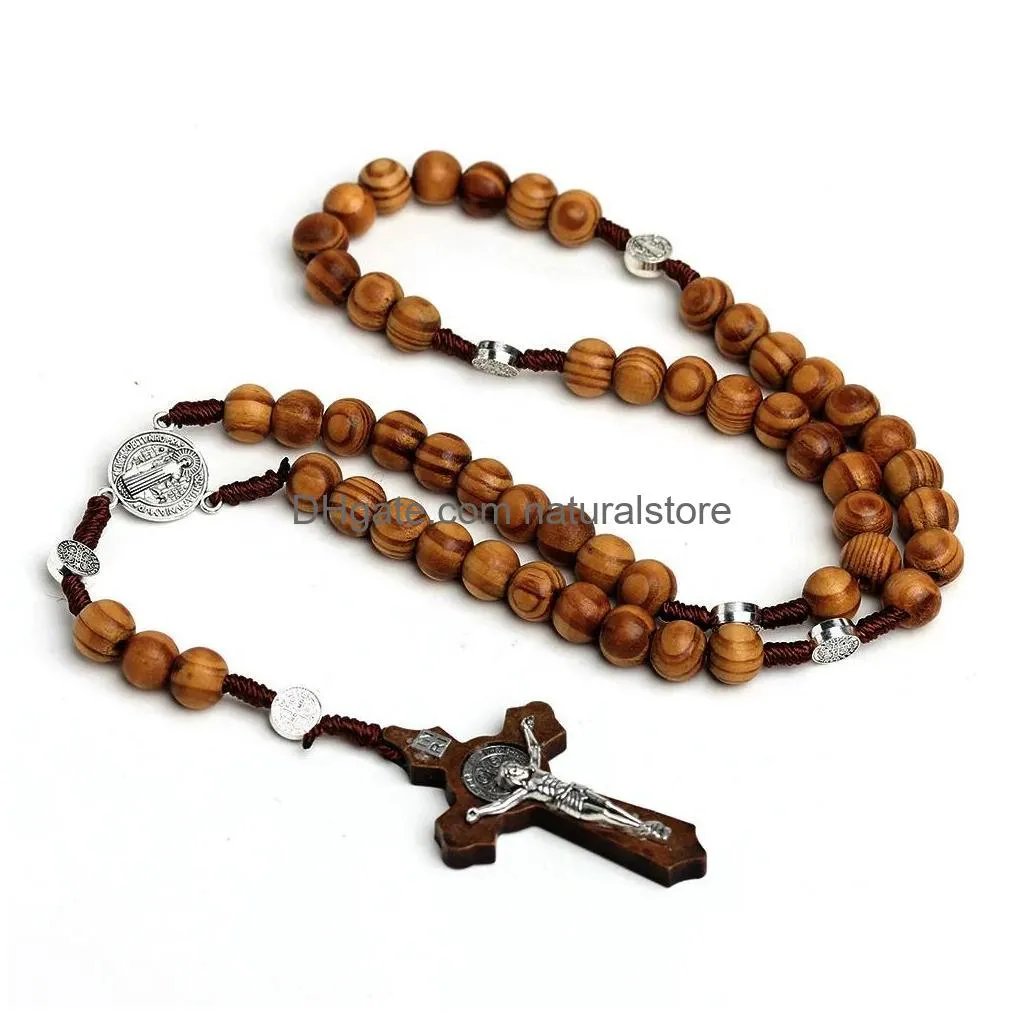 Pendant Necklaces 10Mm Wood Beads Rosary Cross Necklace For Women Men Christian Virgin Mary Inri Pendant Chain Fashion Relin Jewelry D Dhaz3