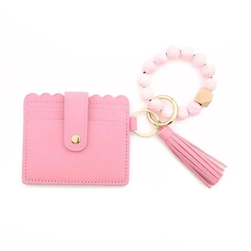 Party Favor Pu Leather Bracelet Wallet Keychain Party Favor Tassels Bangle Key Ring Holder Card Bag Sile Beaded Wristlet Keychains Fy3 Dhkp7