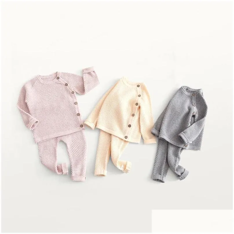 Clothing Sets Lzh 2021 Summer Spring Warm Baby Sweater Suit Knitted Solid Color Born Girl Clothes Cotton Soft Two-Piece Drop Delivery Dhxow