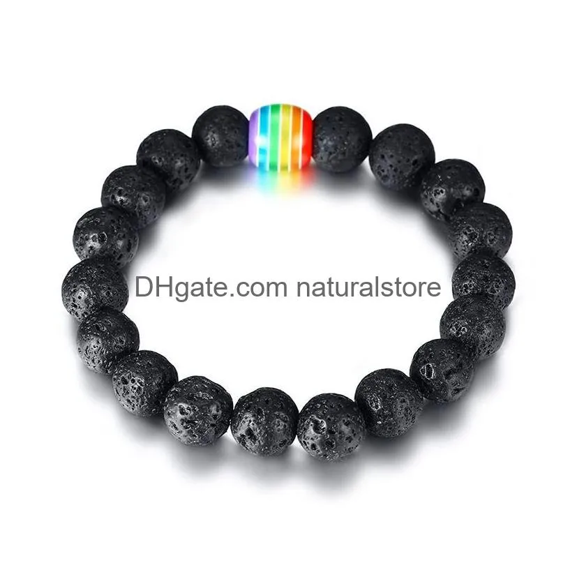 Beaded New Lgbt Rainbow Sign Charm 10Mm Beads Bracelets For Men Women Gay Lesbian Pride Lava Rock Tiger Eye Natural Stone Chains Diy Dhnuy
