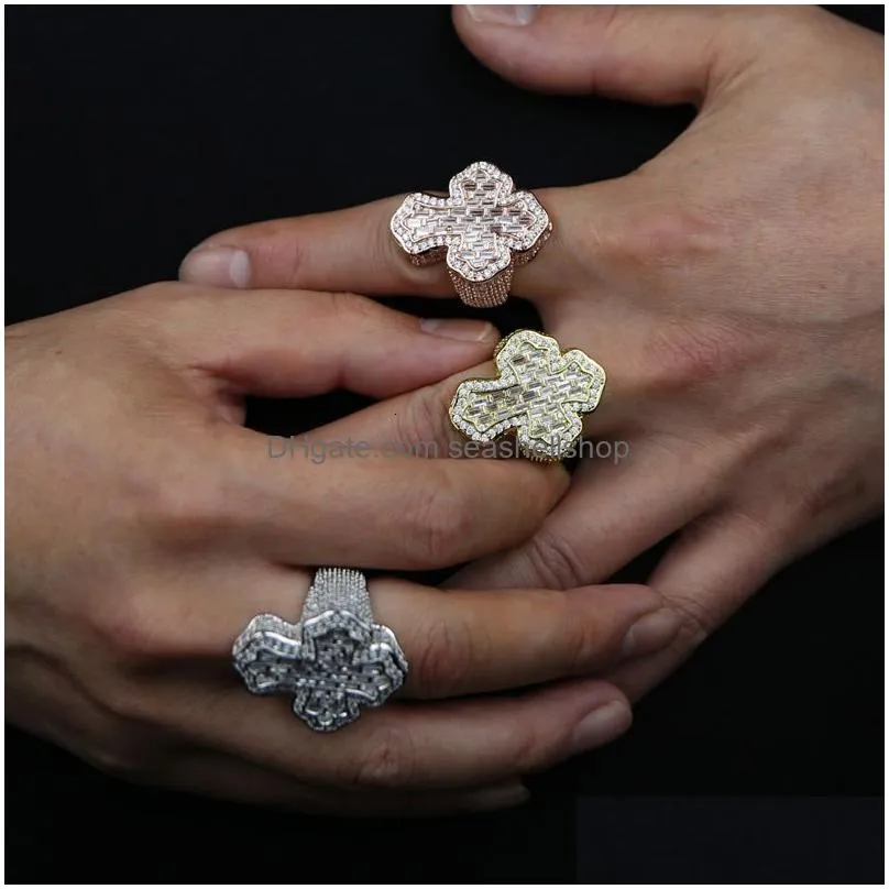 Cluster Rings Arrived Fashion Hip Hop Iced Out Bling Fl Cz Cubic Zirconia Rock Punk Cross Shape Charm Finger For Men Boy Jewelry Drop Dhxot