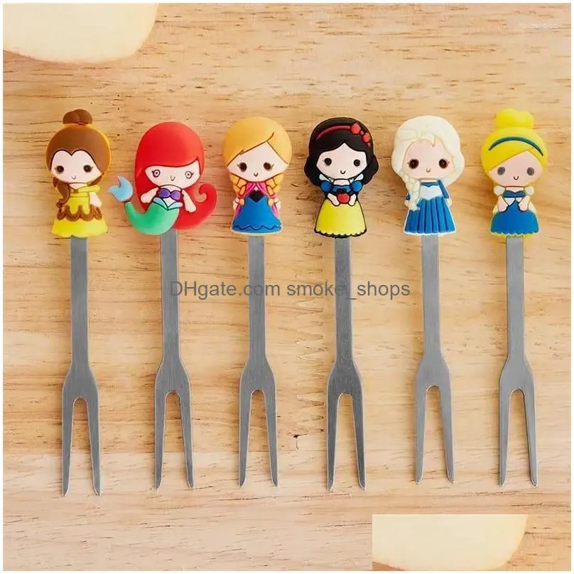 forks 6pcs/set cute cartoon princess stainless steel dessert fruit set food picks for kids spoon and fork bento