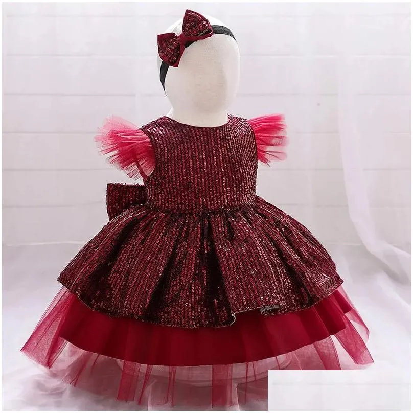 Girl`S Dresses Girls Dresses Sequin Cake Double Baby Girl Dress 1 Year Birthday Born Party Wedding Vestidos Christening Ball Gown Clot Dhcjr