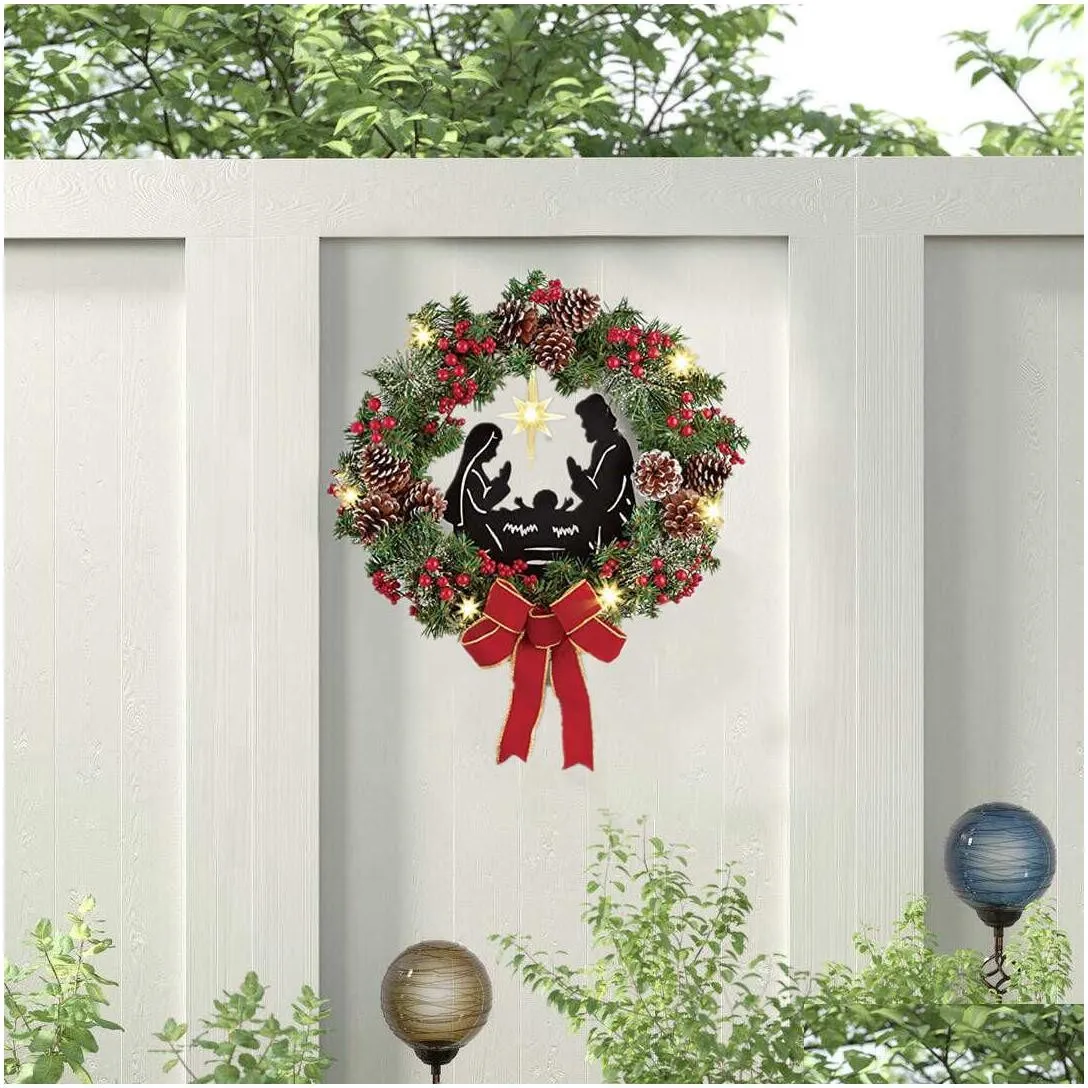 Decorative Flowers & Wreaths Decorative Flowers Wreaths Sacred Christmas Wreath With Lights Hanging Ornaments Front Door Wall Decorati Dh3Nz