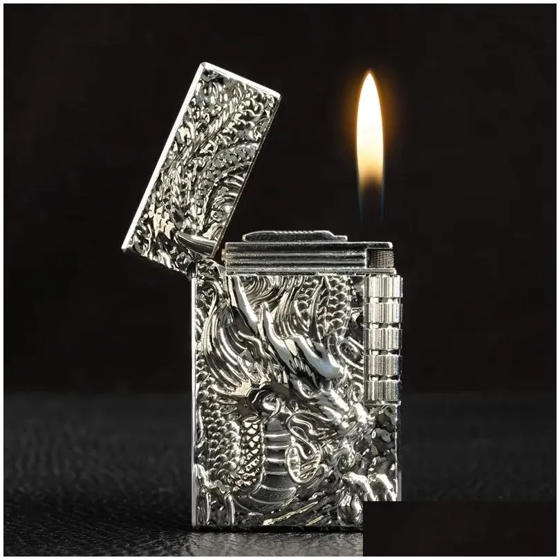 Lighters Dragon Gas Butane Refillable Lighter Grinding  Flint Metal Emboss Bright Sound Cigarette Cigar Inflated Drop Delivery Home Dhltn