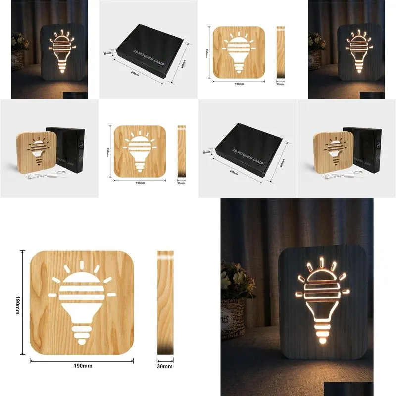 Night Lights Creative Wood Bb Night Lights Led Table Lamp Hollowedout Bedside Light Warm White Solid Carving 3D Lamp1661645 Drop Deliv Dhvc5